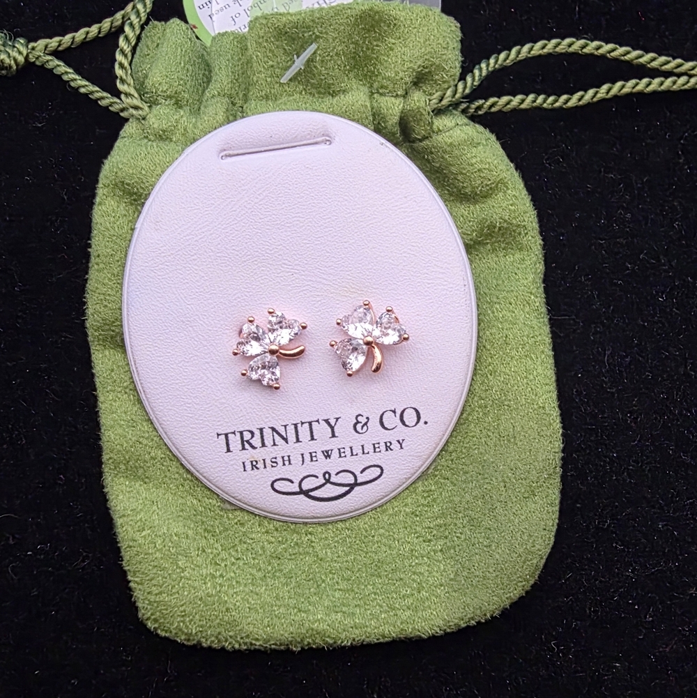Irish Shamrock Earrings-Trinity& Co. Rose Gold-Tone Crystal Studs New With Bag
